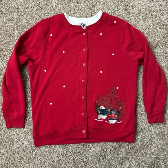 Ugly Christmas Sweater Sweaters - C & K Designs Women’s Red Button Up Embroidered‎ Double Collar Sweater Medium